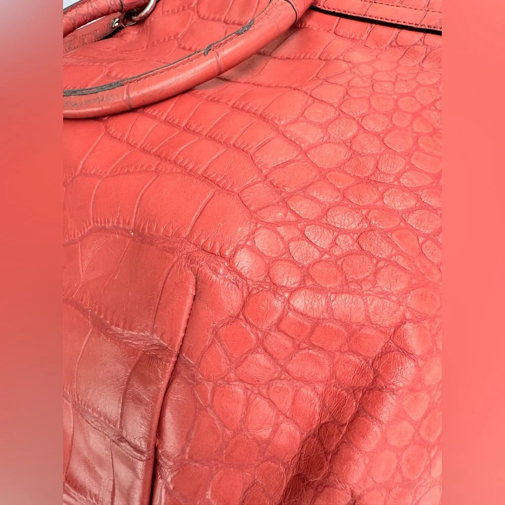 COACH Madison Crocodile Embossed Lindsey Satchel Coral Leather